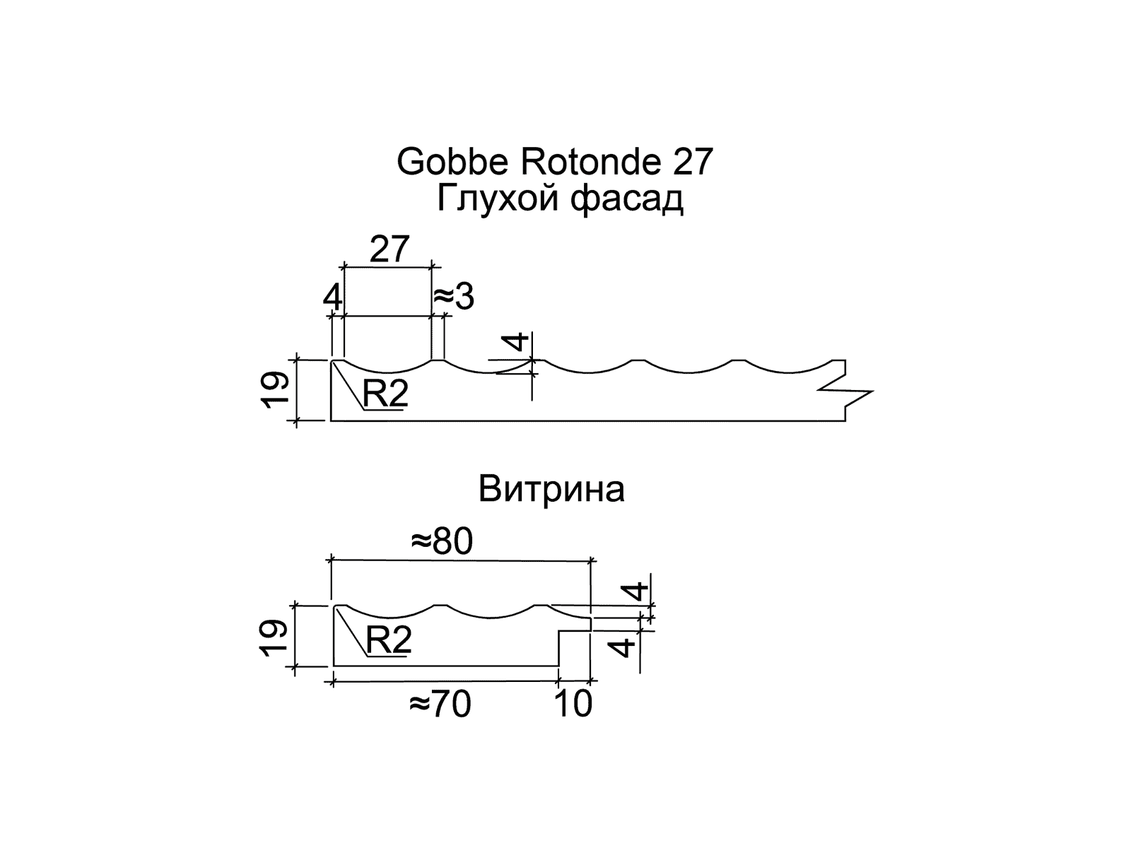 Фрезерованный фасад МДФ Gobbe Rotonde 27 МДФ фасад кухни сечение Gobbe Rotonde 27
